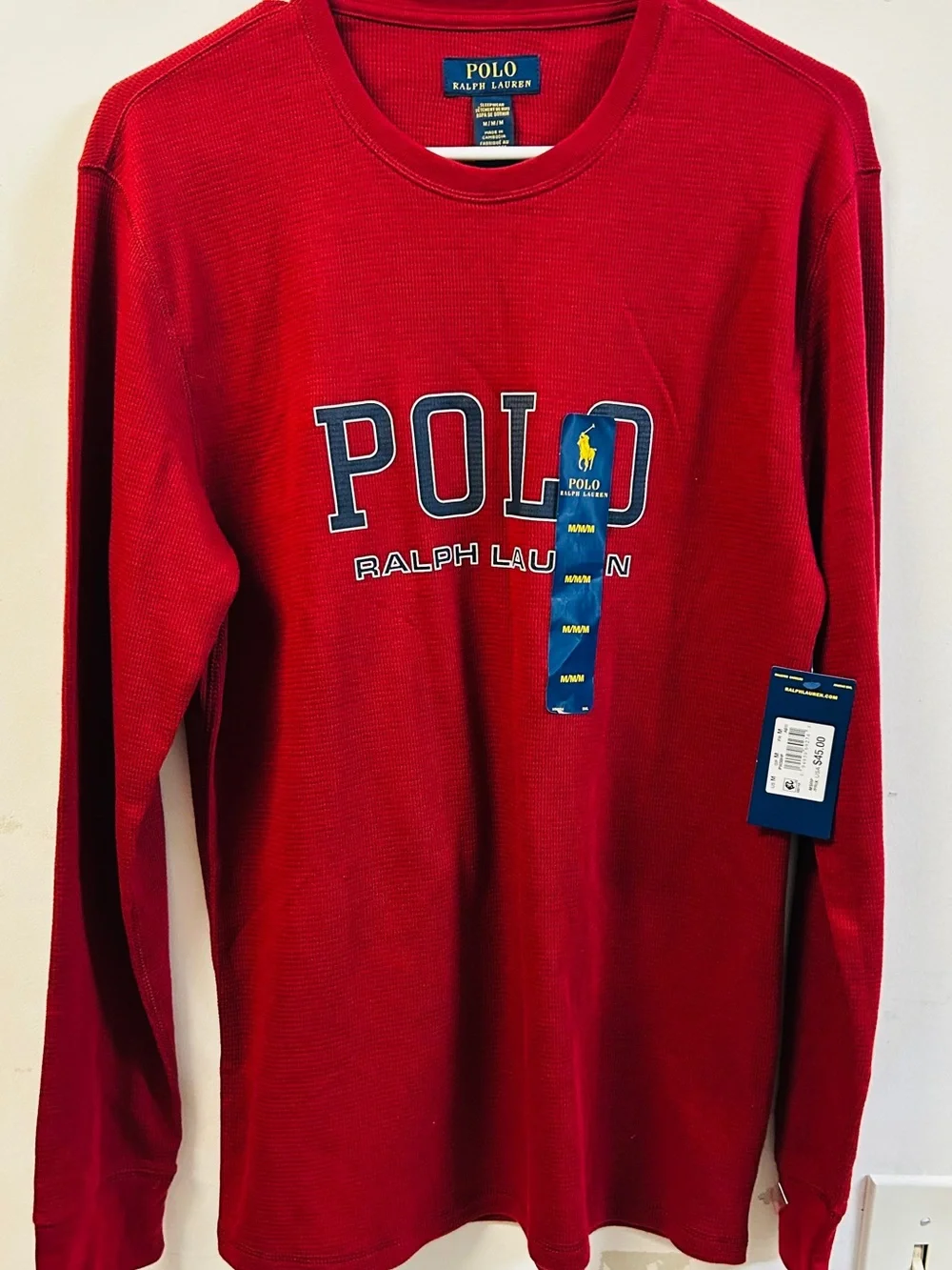 Polo by Ralph Lauren Red Long-Sleeve Waffle Crew with Logo